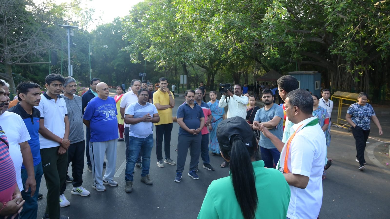 Mansoor Ali Khan listening to a group of morning walkers at a park in Bengaluru.